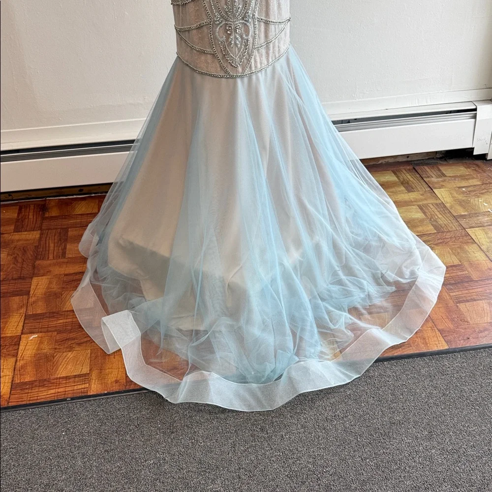 Terani Couture Beaded Illusion Bodice Mermaid Gown - Light Blue and Champagne - Picture 5 of 5